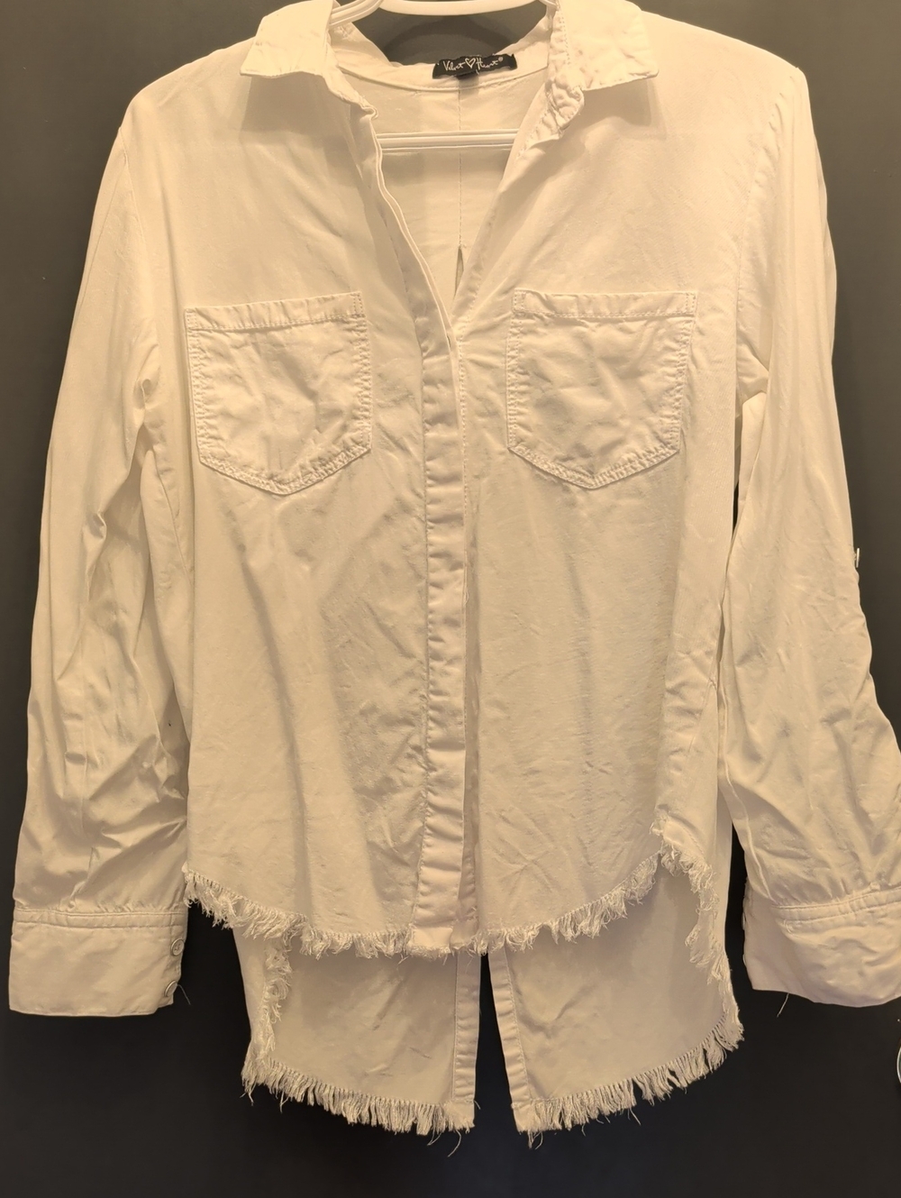 Velvet Heart White Casual Button-Down Shirt with Fringe Hem